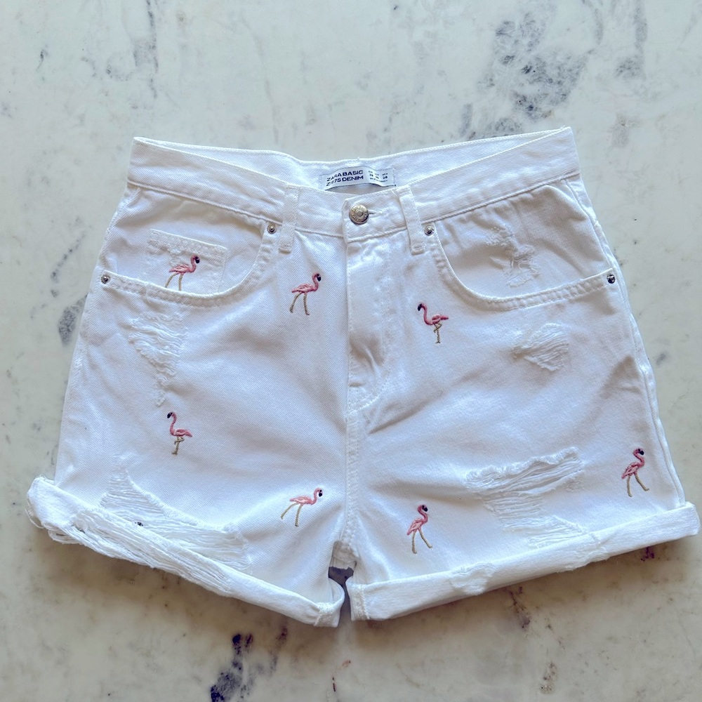 Zara high waisted, white denim distressed shorts with embroidered pink flamingos